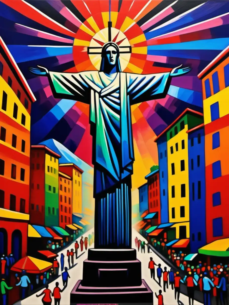 Vibrant Fauvist Acrylic Painting of Vintage Christ the Redeemer Amidst Bustling Street Scene