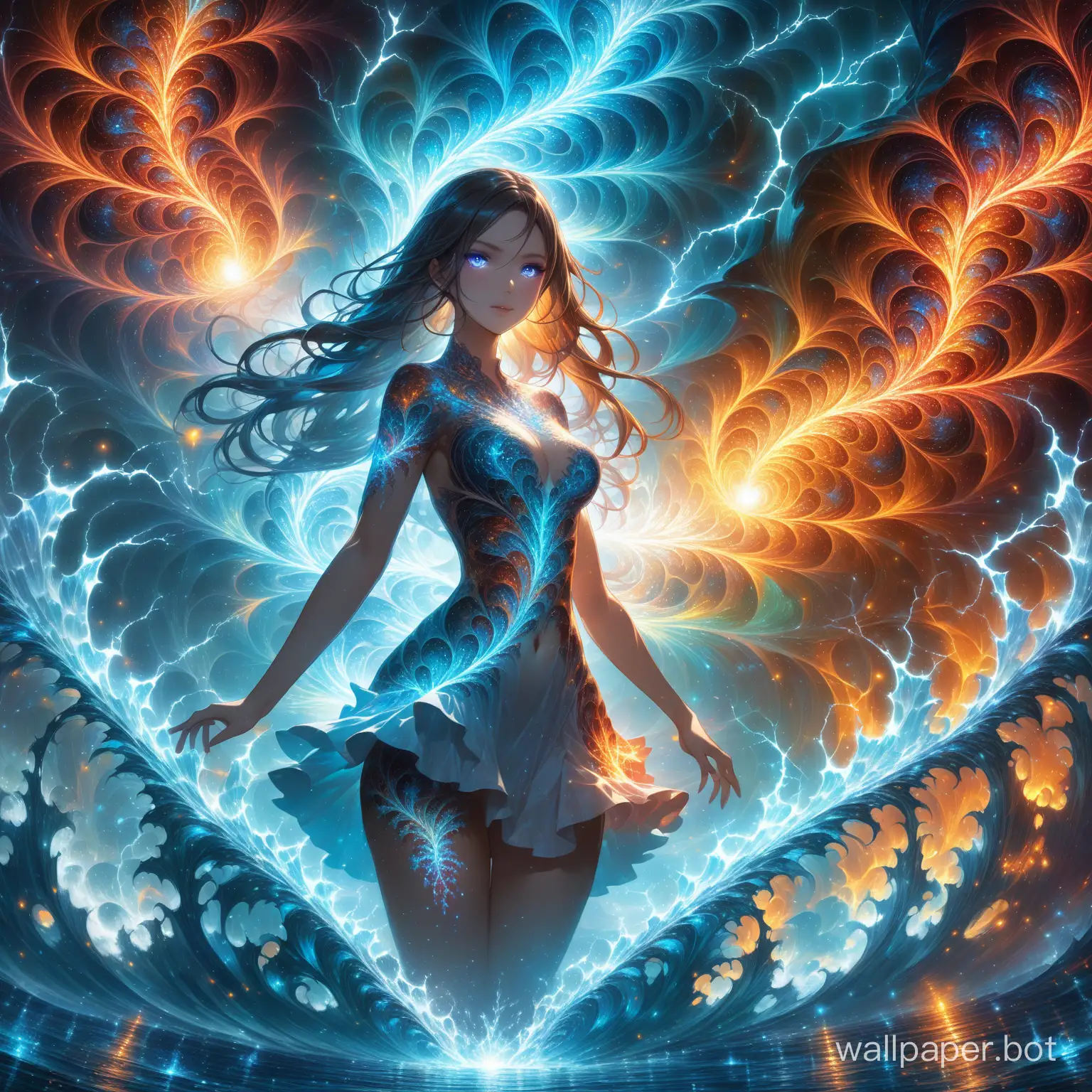(masterpiece, top quality, best quality, official art, beautiful and aesthetic:1.2), (1girl), extreme detailed,(abstract, fractal art:1.3),colorful,highest detailed, detailed_eyes, fire, water, ice, lightning, light_particles, ghost,