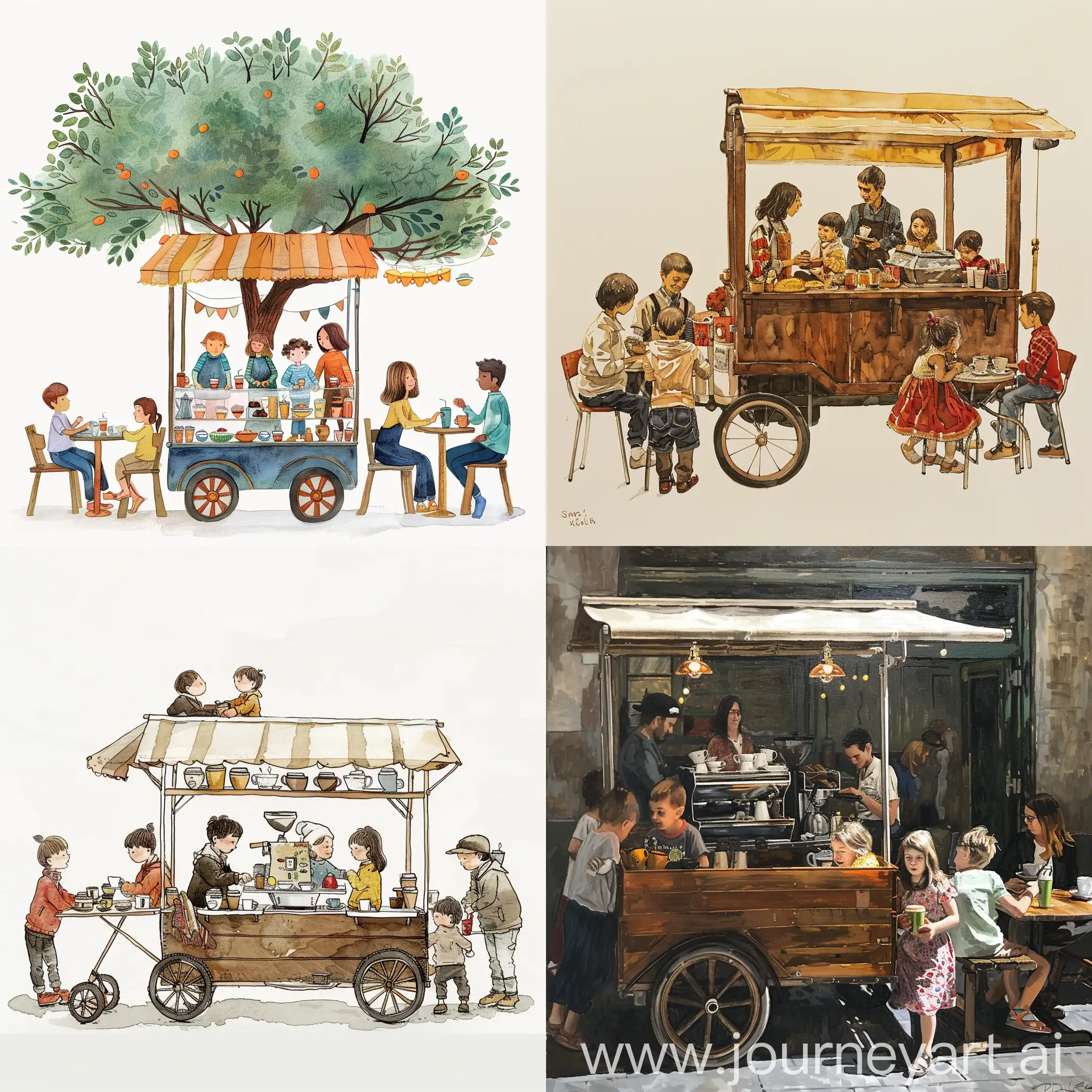 Create for me a picture of a coffee cart with children and people sitting around tables