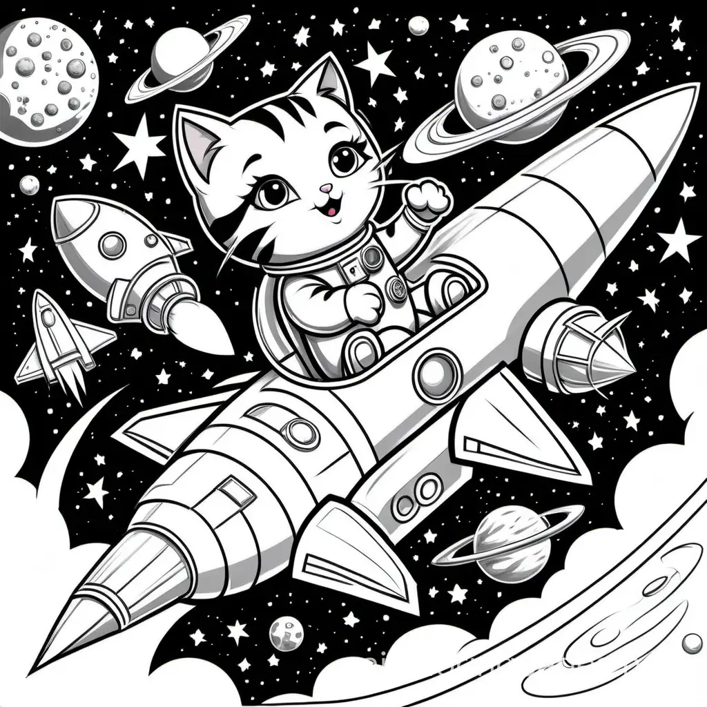 Cats-and-Kittens-Exploring-Outer-Space-in-Rocket-Ships-Coloring-Page