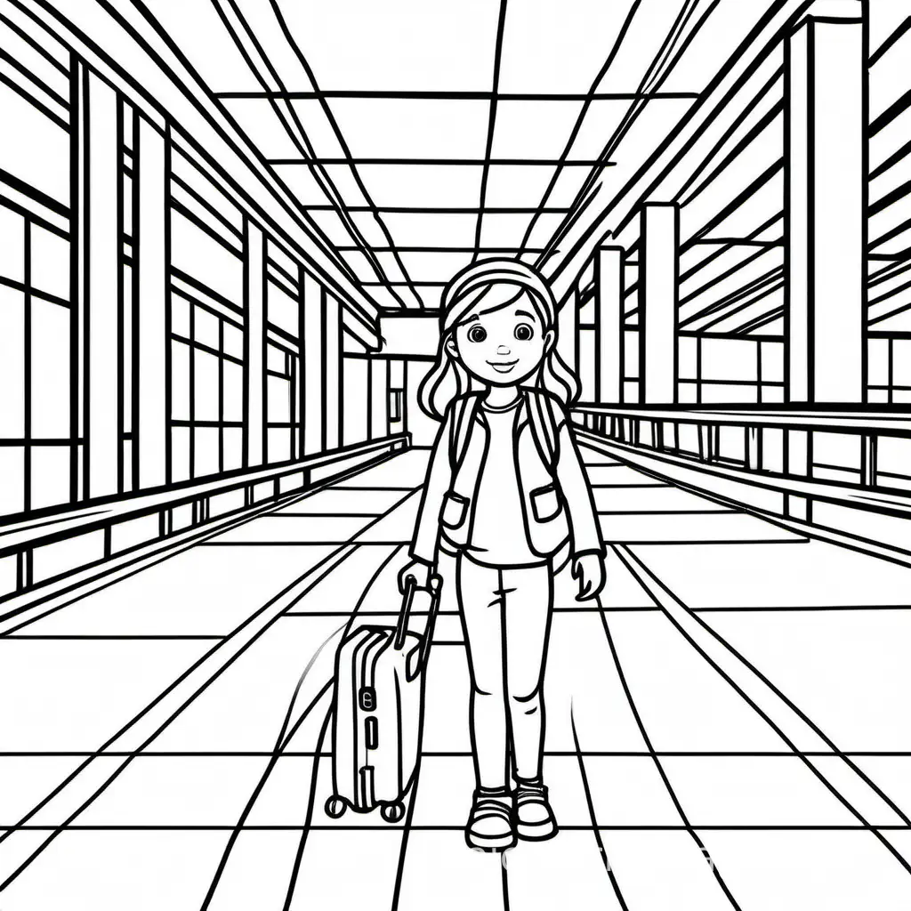a girl traveling inside an airport, Coloring Page, black and white, line art, white background, Simplicity, Ample White Space. The background of the coloring page is plain white to make it easy for young children to color within the lines. The outlines of all the subjects are easy to distinguish, making it simple for kids to color without too much difficulty