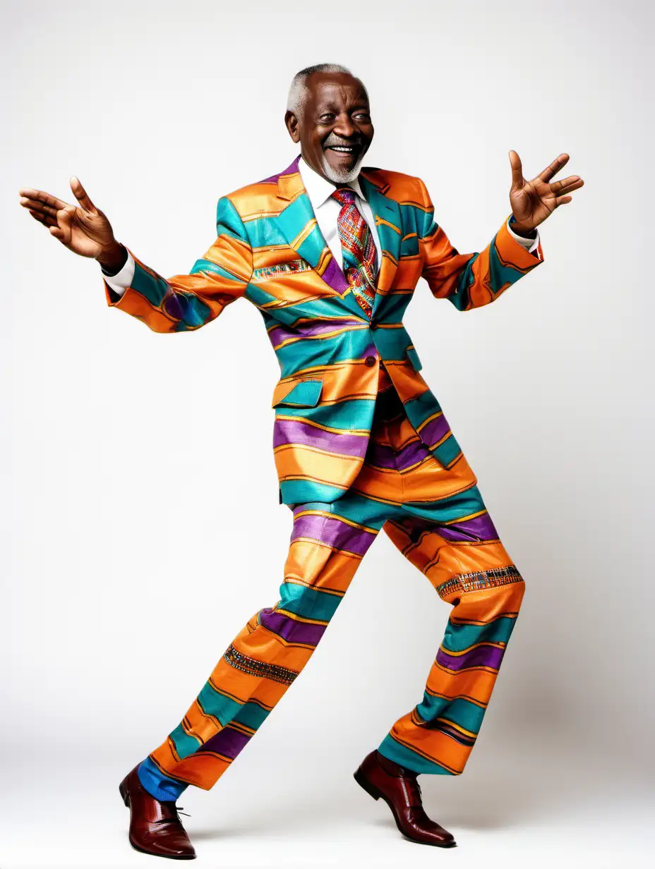 Elder African gentleman dancing in a colourful suit against white background