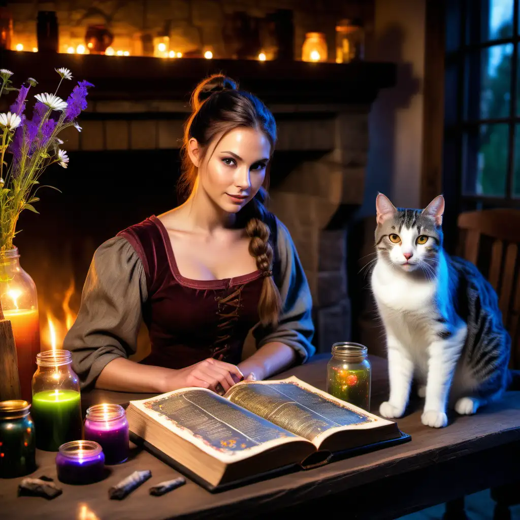 brunette woman, pony tail, leaning against a table, glowing spell book, wildflowers in jars, magic potions, tabby cat, big fireplace in the background