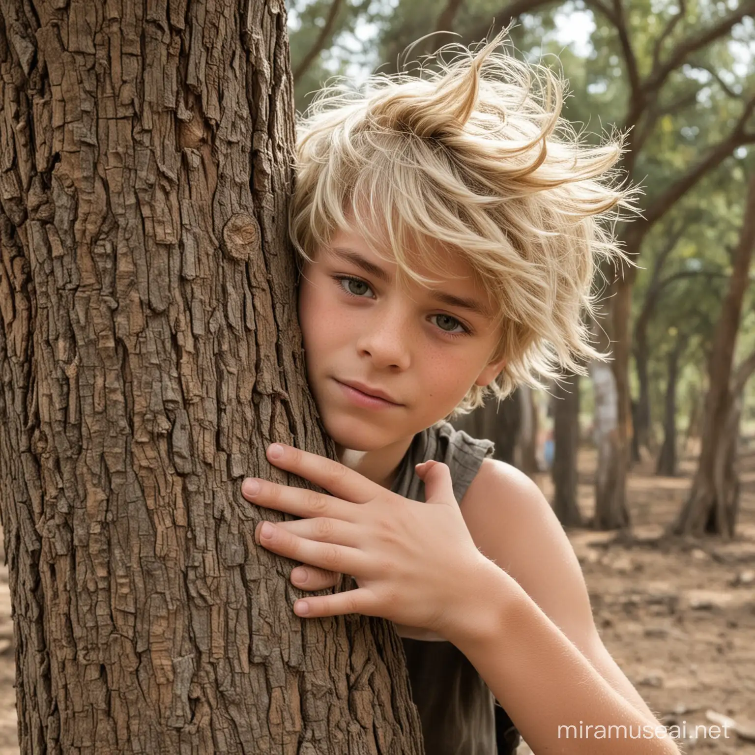 13YearOld Boy Embracing a Single Tree with Light Hair