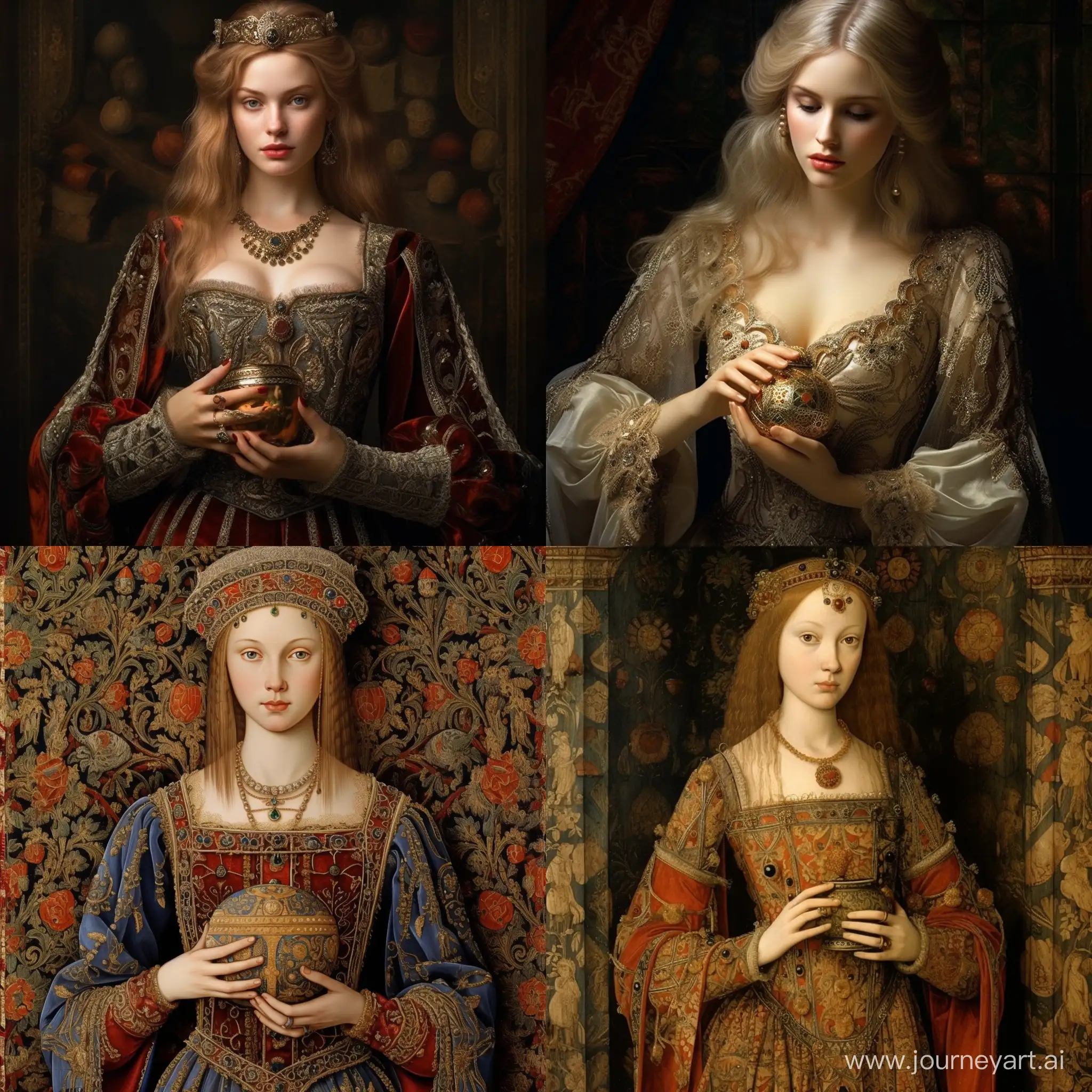 Женщина 14 век, красиво, детально, реалистично, одежда! Того времени, держит в руках парфюм
