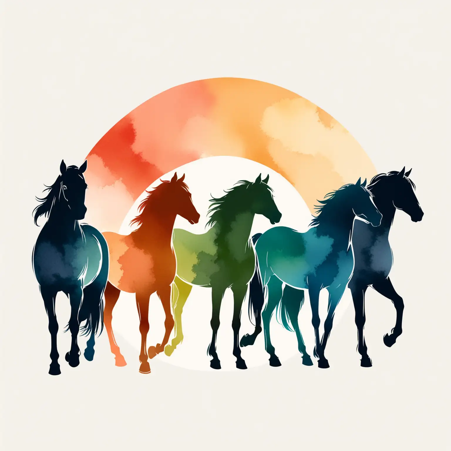 Four horses , Abstract silhouettes, clean lines, simple shapes, watercolor palette , minimal details. It's a vector illustration. It has a vintage look, artistic 