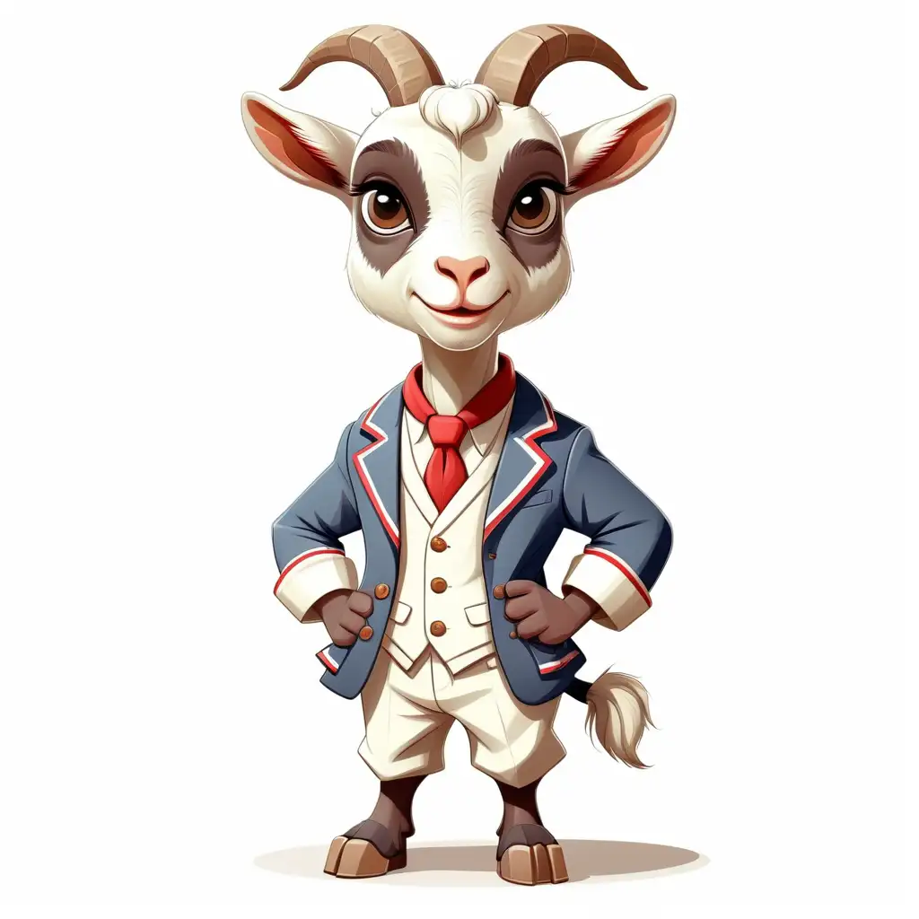 a cute goat in cartoon style with French clothes full body clipart with white background