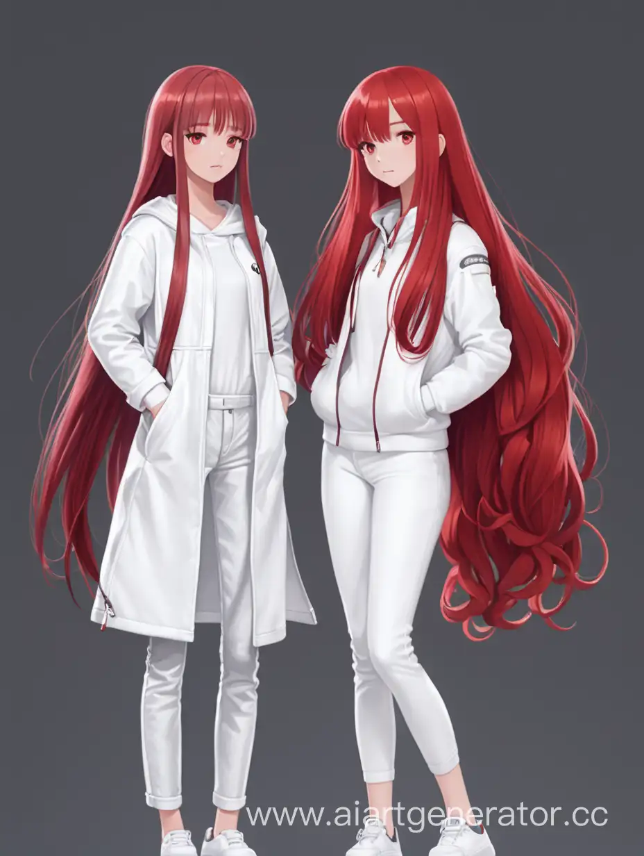 Two girls, Red long hair, White clothing, Full length