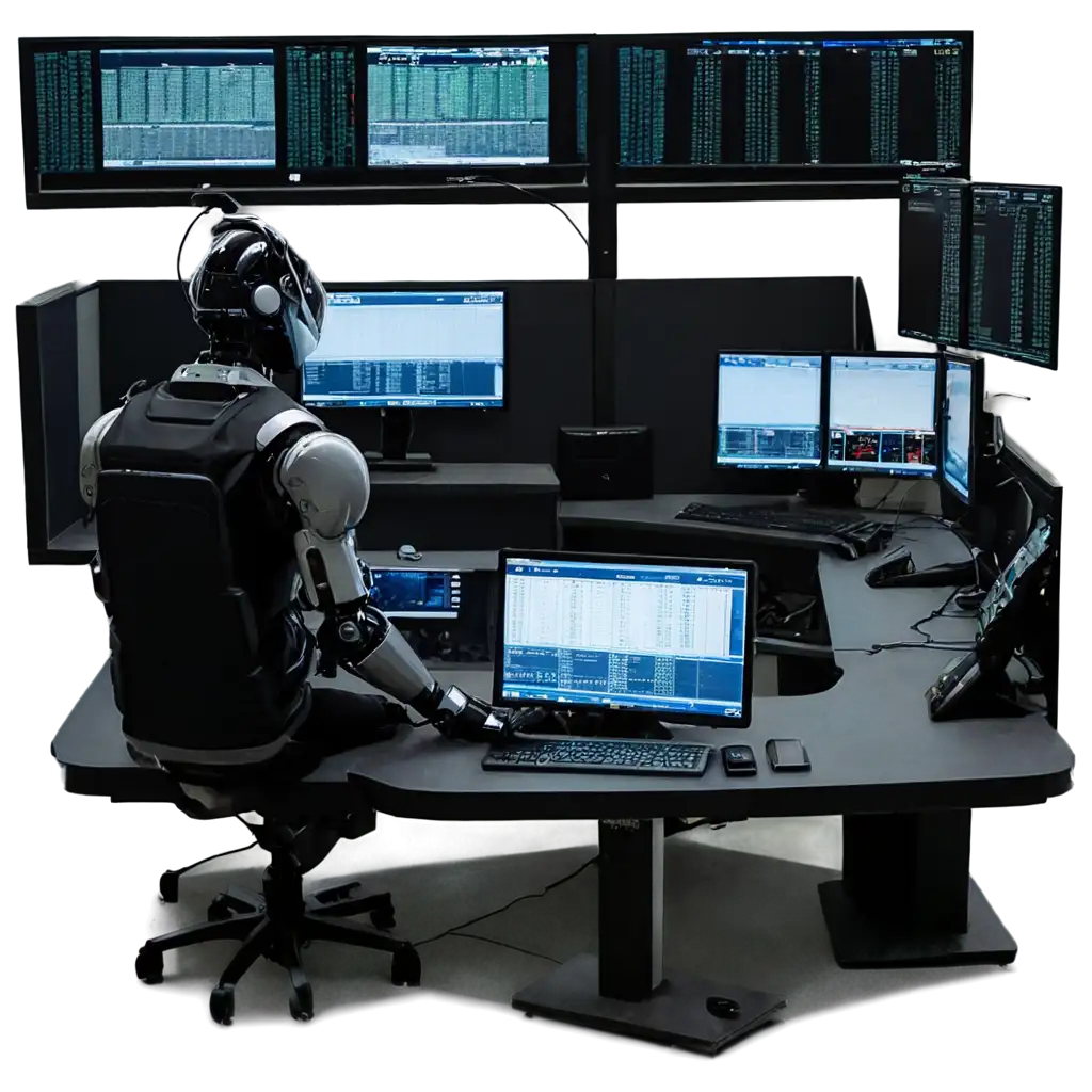 A robot doing high frequency trading facing several monitors in a trading desk