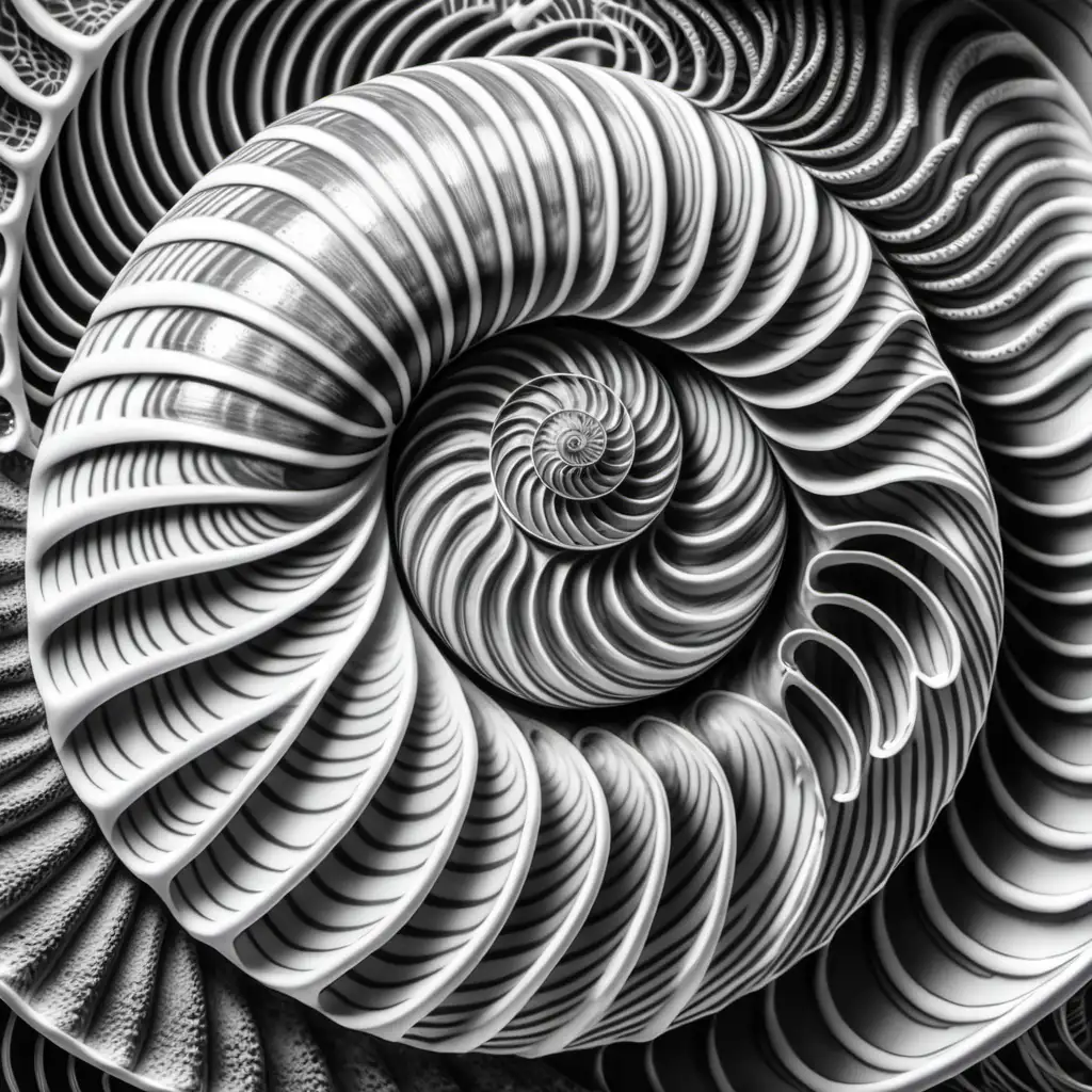 Detailed Black and White Nautilus Shell Texture Coloring Page