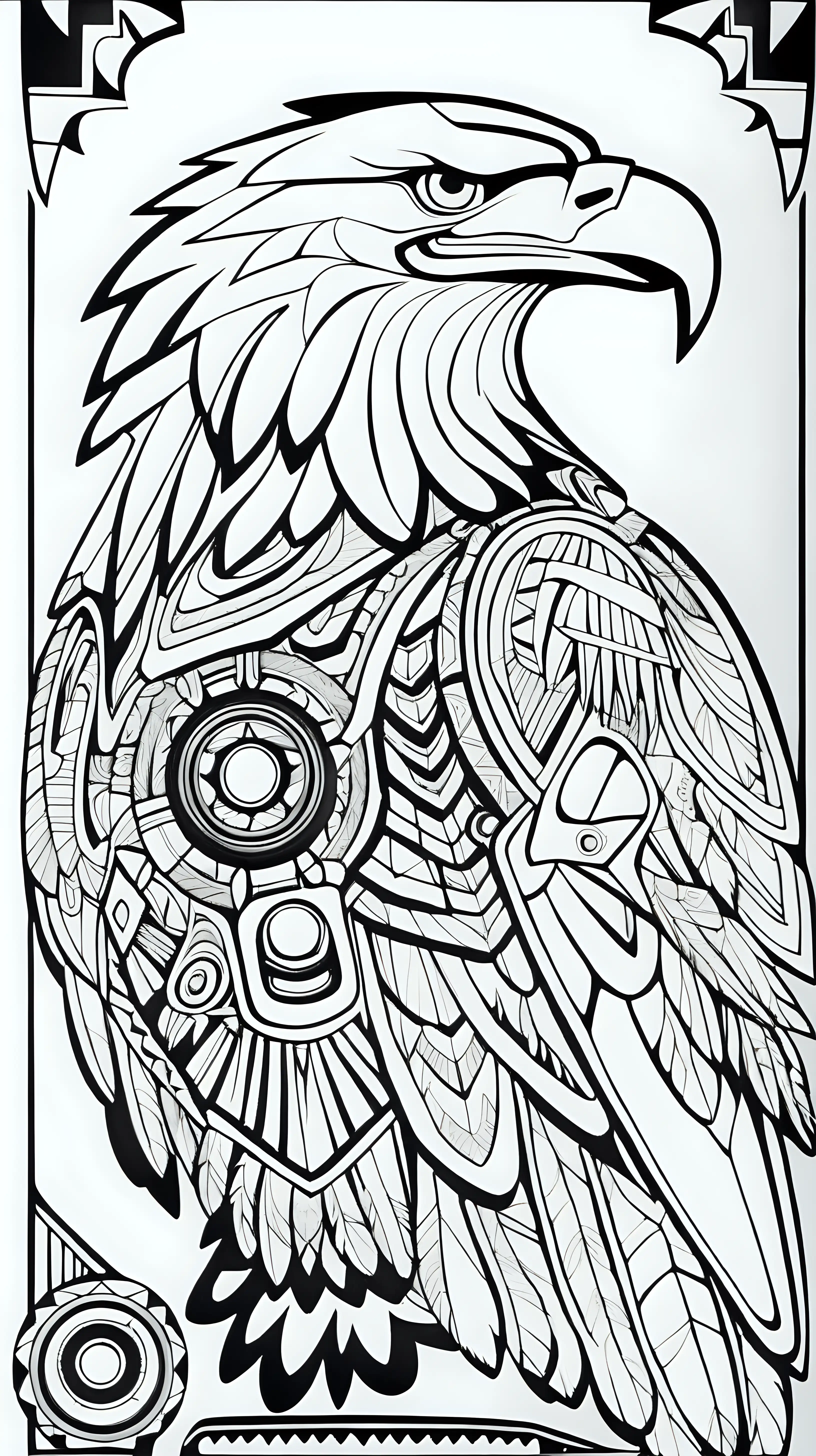Eagle totem representing vision and freedom, inspired by the Navajo tribe, coloring book image, clean thick black lines