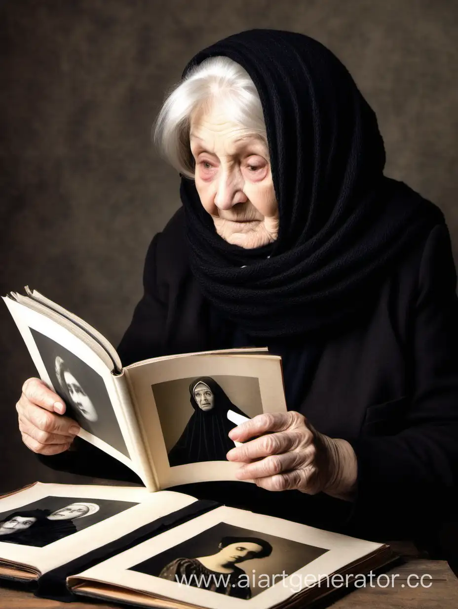 Elderly-Woman-Nostalgically-Flipping-Through-Black-Scarf-Photo-Album