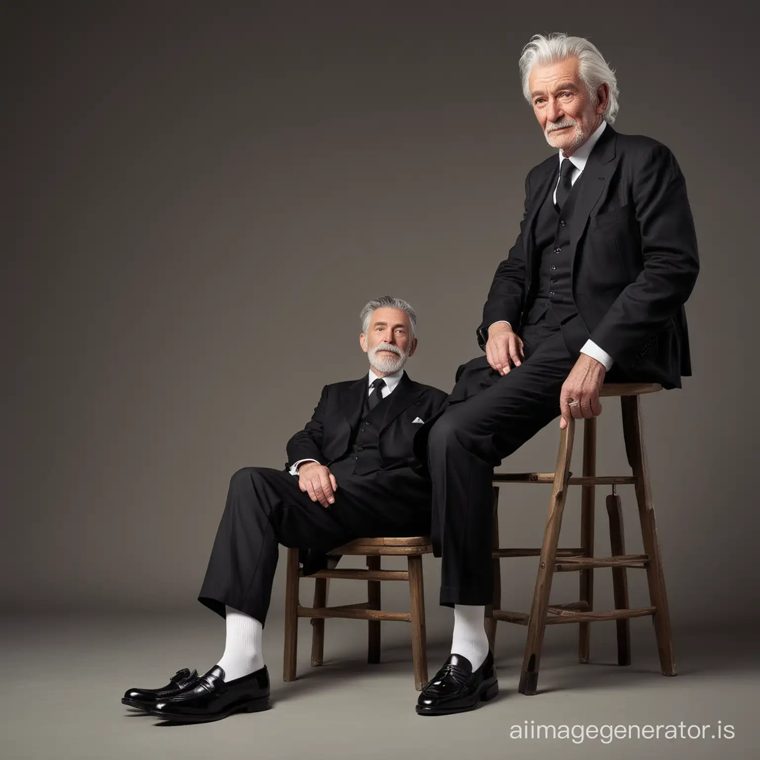 English old man 70 years old, shot height, wearing black suit, white shirt, white socks, black loafers, grey hair, sit on a chair, full body shot, full body shot, fantasy light cream solid background, dramatic lighting