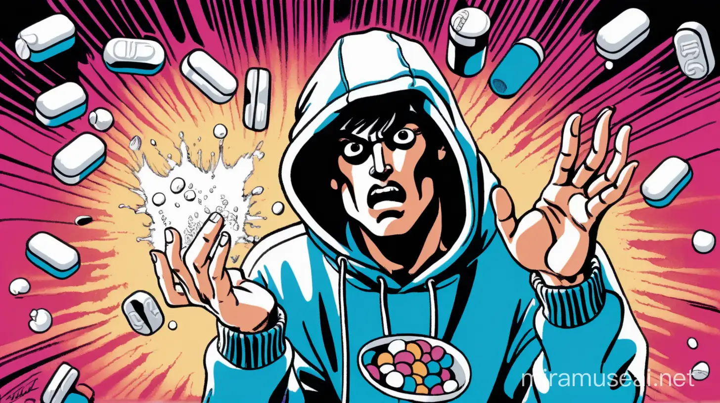1980s comic book style drawing of a man wearing a hoodie floating in the air and fiendishly eating pills as reality disintegrates behind him.  his hands are not seen. simple colors and art style.

