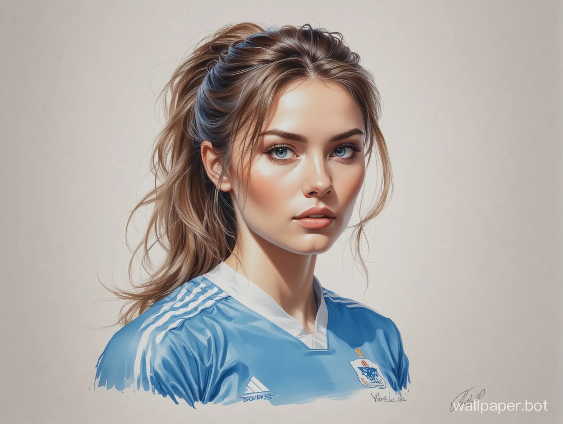 Sketch Anna Petrova light loose hair with a hairstyle 4 breast size narrow waist In blue soccer uniform white background marker sketch Style Boris Vallejo portrait