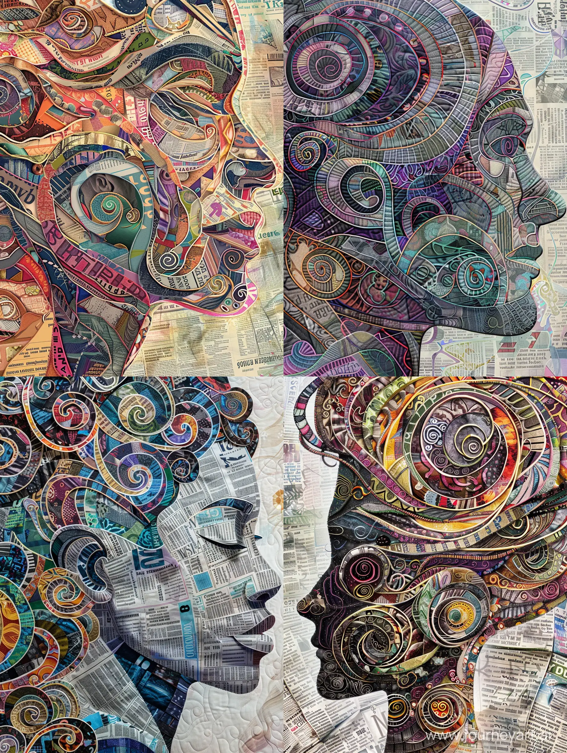 Multi-exposure, 9:16--v, close-up, hyper detailed, head combined of contemporary quilts, mixed media newspapers cllips, covered in swirls, text stylized,точечная прорисовка, детальная прорисовка, solid geometry, vector graphics, a lot of details, ethnic patterns,
