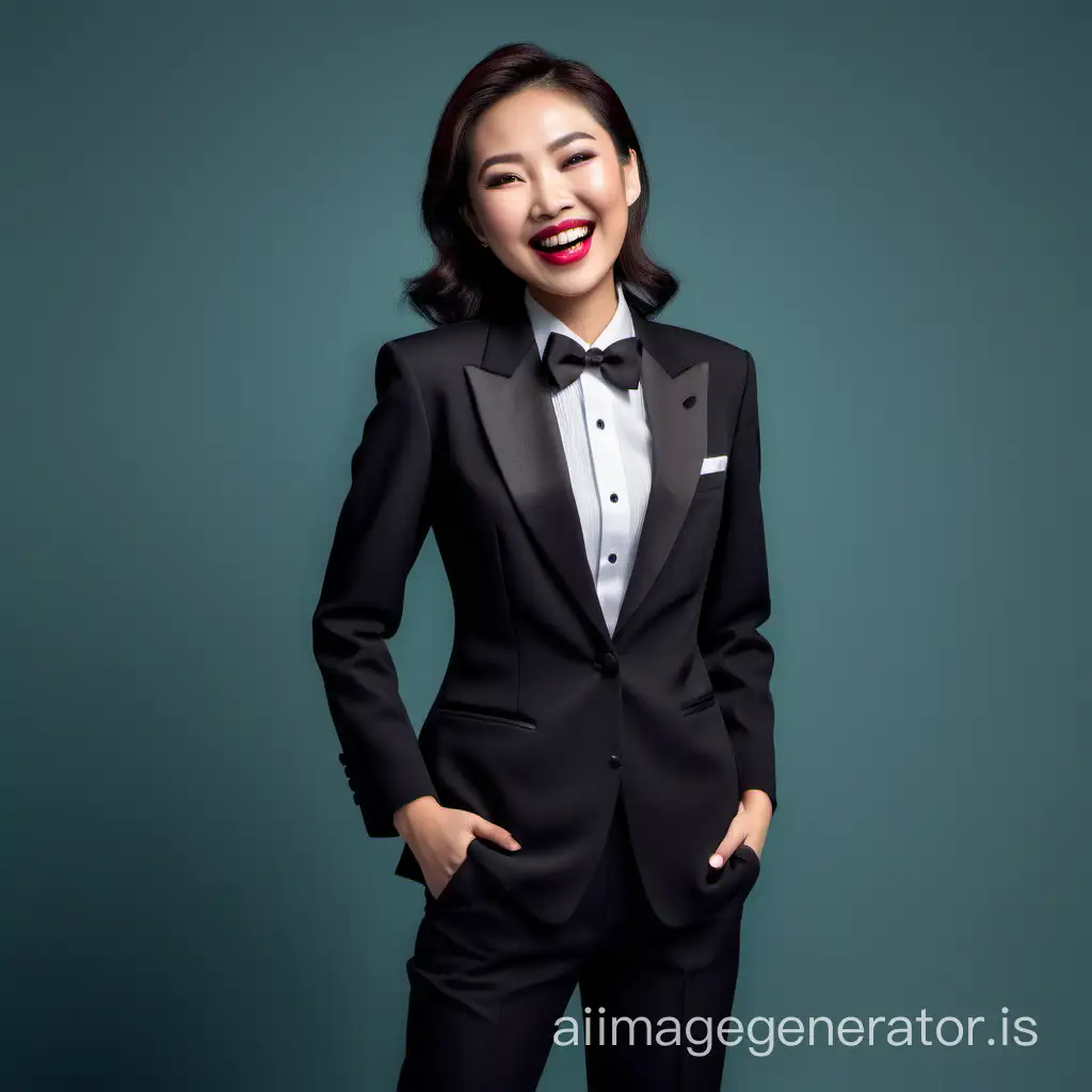formal asian woman wearing a tuxedo, lipstick, hands in pockets, smiling and laughing