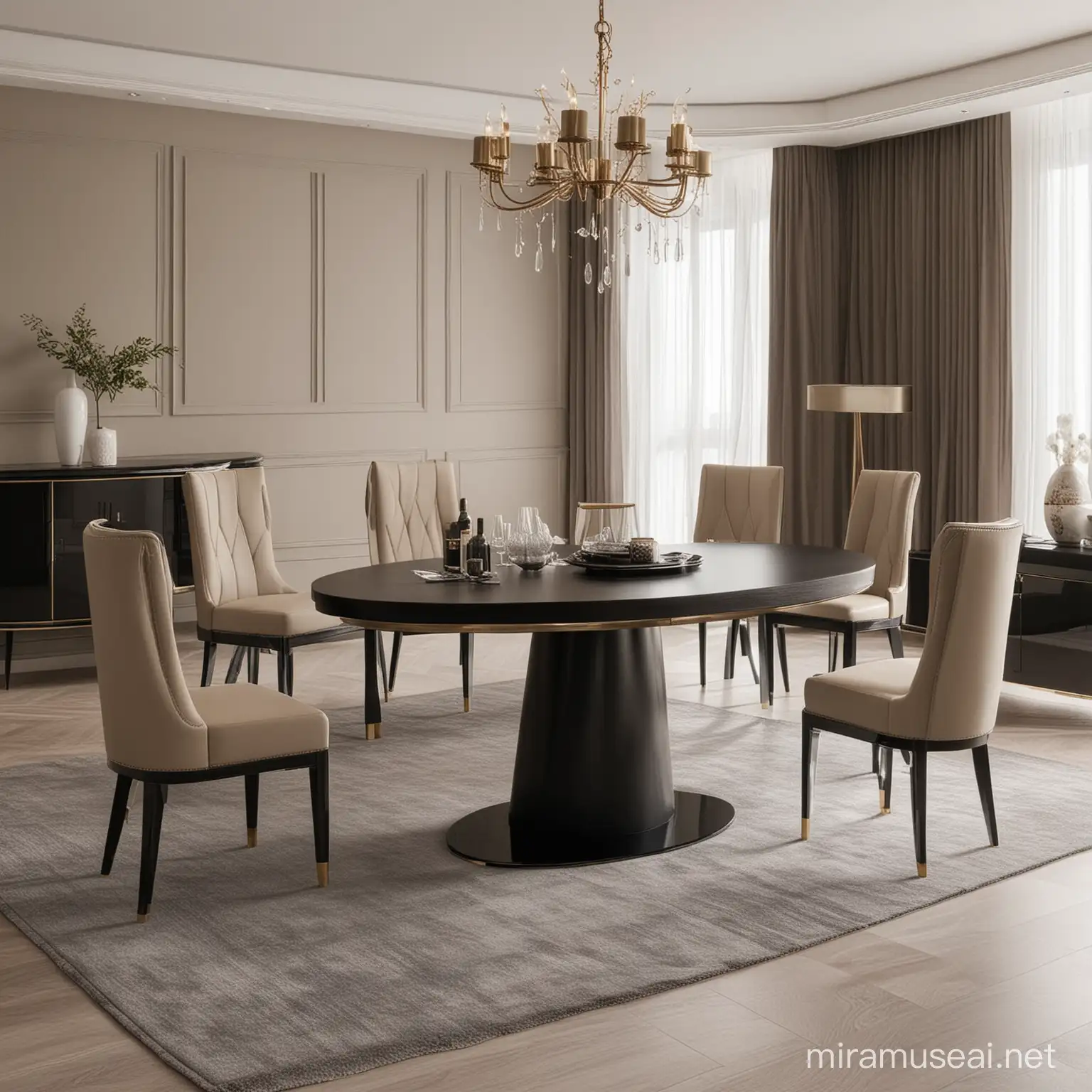 Modern Luxury Dining Room Set for 8 People with Black Oval Table and Bench