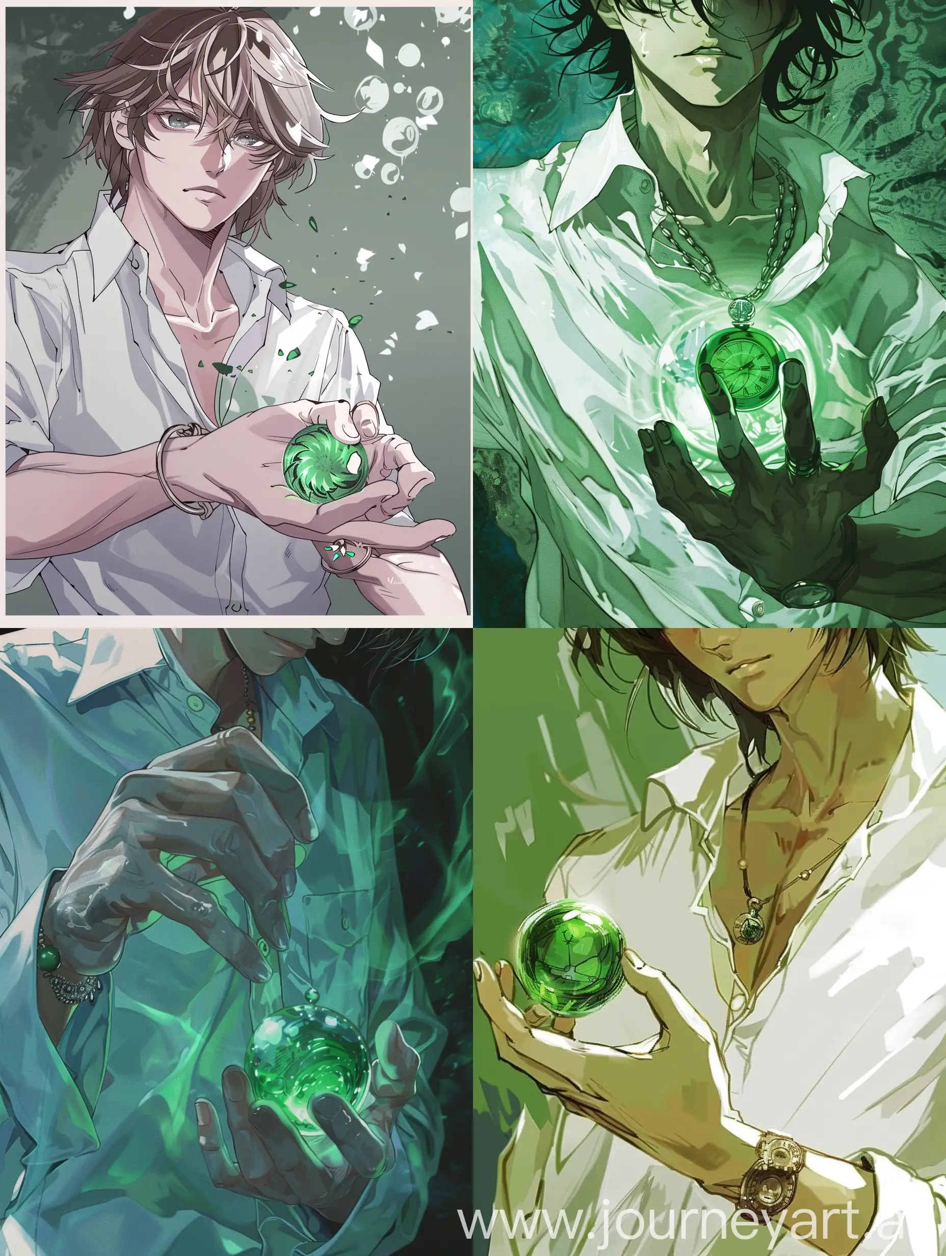 The green time amulet in the guy's hand, the guy's wearing a white shirt, manga style.