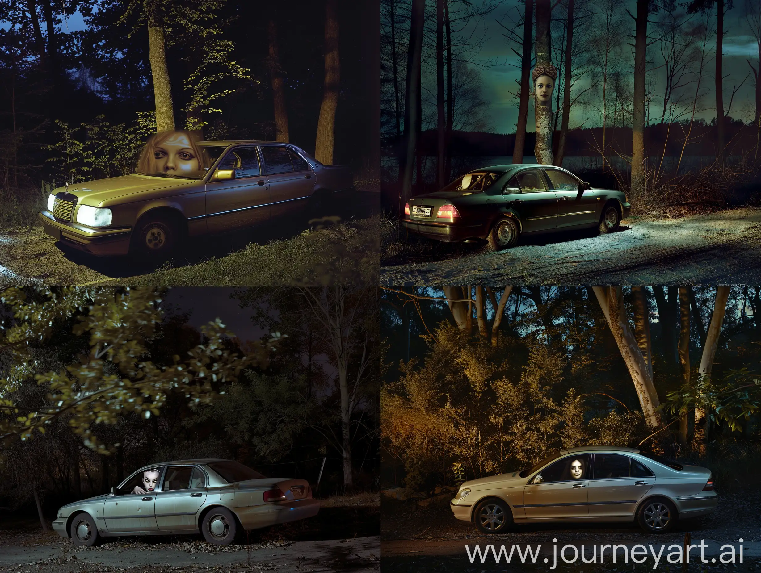 A car. She has a woman human face. She is parked near a forest at night. Realistic photograph, full body picture.