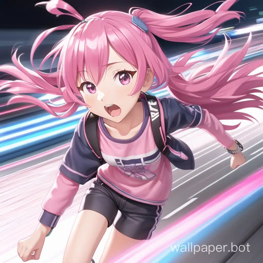 anime girl with pink hair going really fast at high speed