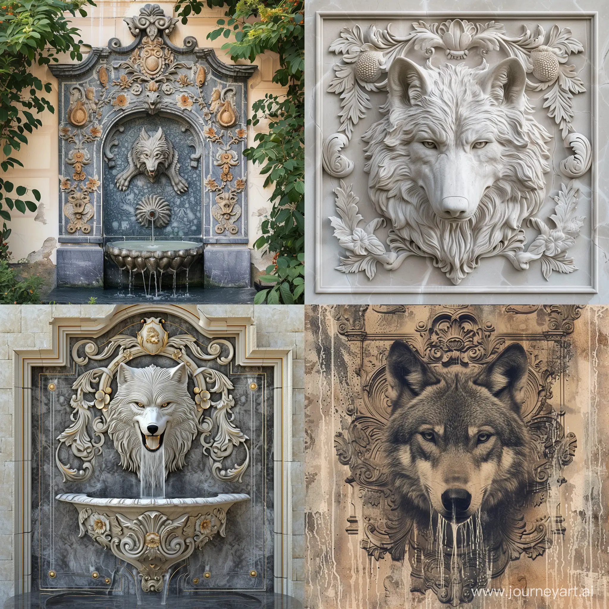 Six-Unique-WolfThemed-BaroquePatterned-Wall-Fountains