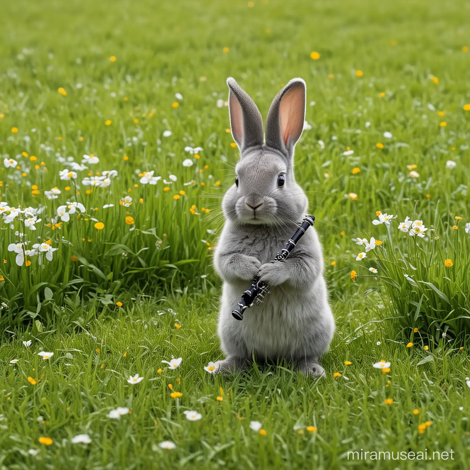 A small grey bunny playing oboe on a green field full of grass and flowers