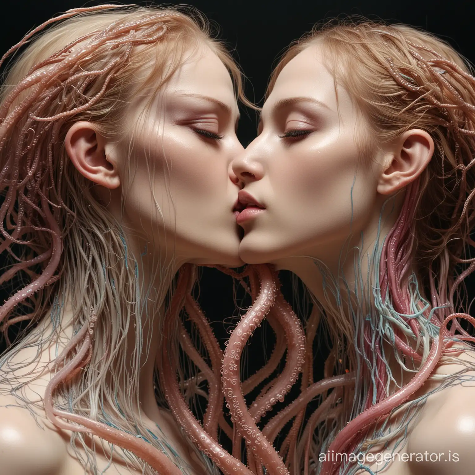 Unknown Creaturе, kissing each other,  translucent body, luminous organs are visible, A tentacle with an eye is studying the woman, Strands of Rays,  thin filaments of biofields, Colored pencils, focus, dramatic light, high quality light and shadows, roentgen, 5D, grotesque, gothic, horror, clear lines, background drawing