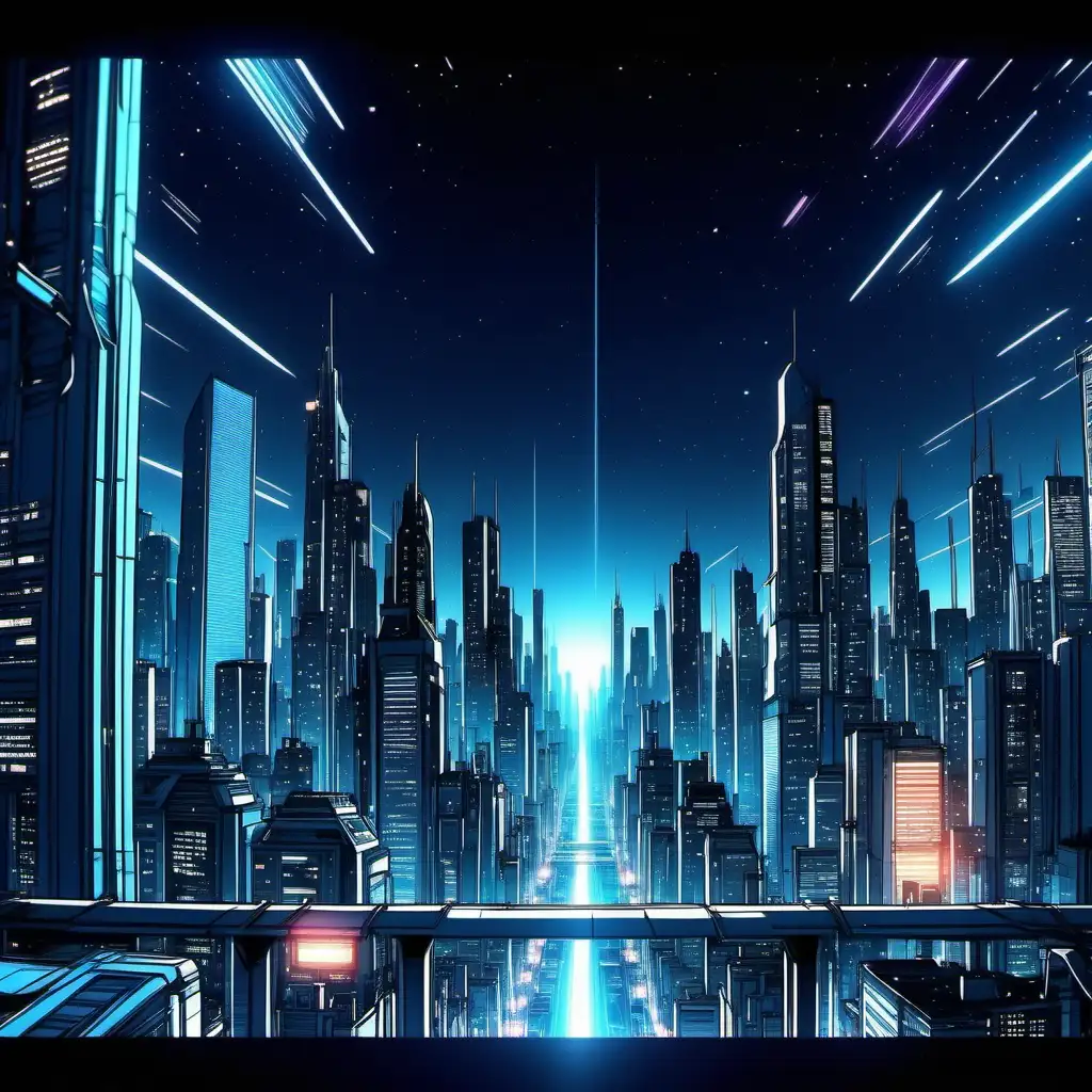 a bright futuristic city with night view and life. comic book style frame--anime theme--cinematic
