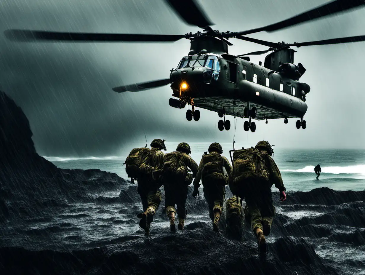 Soldiers Exiting Chinook Helicopter on Rainy Island Cliff
