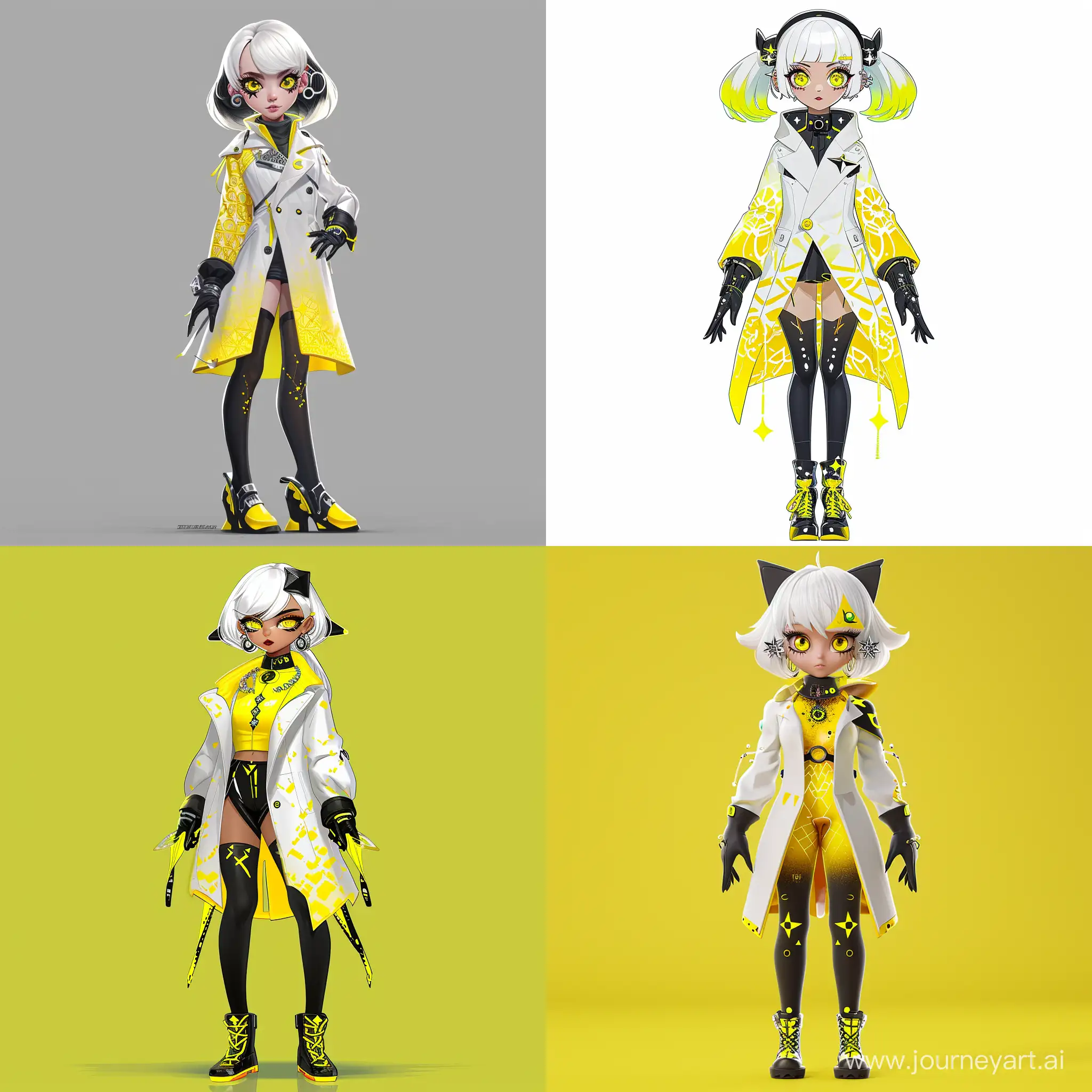 1girl, solo, standing, full body, white hair, yellow ombre hair, short ponytail, round eyebrows, big eyes, yellow eyes, star-shaped pupils, pointy ears, silver hoop earrings, mole under eye, black hairpiece, white coat, yellow pattern, black gloves, black pantyhose, black boots, yellow soles, neon yellow