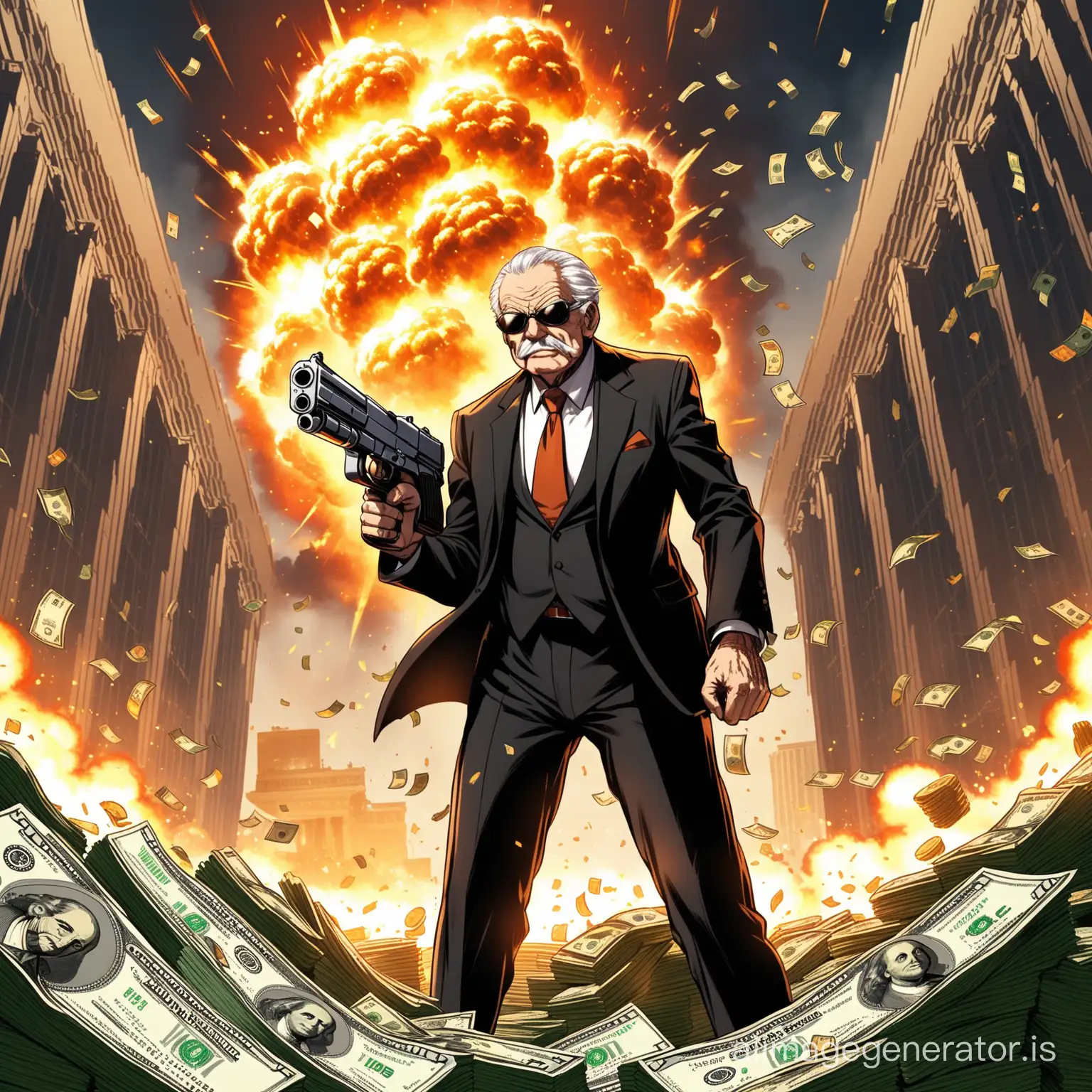 a grandpa that's holding a gun in a bank with money everywhere his body is skinny there is a explosion behind him he wares a villain suit