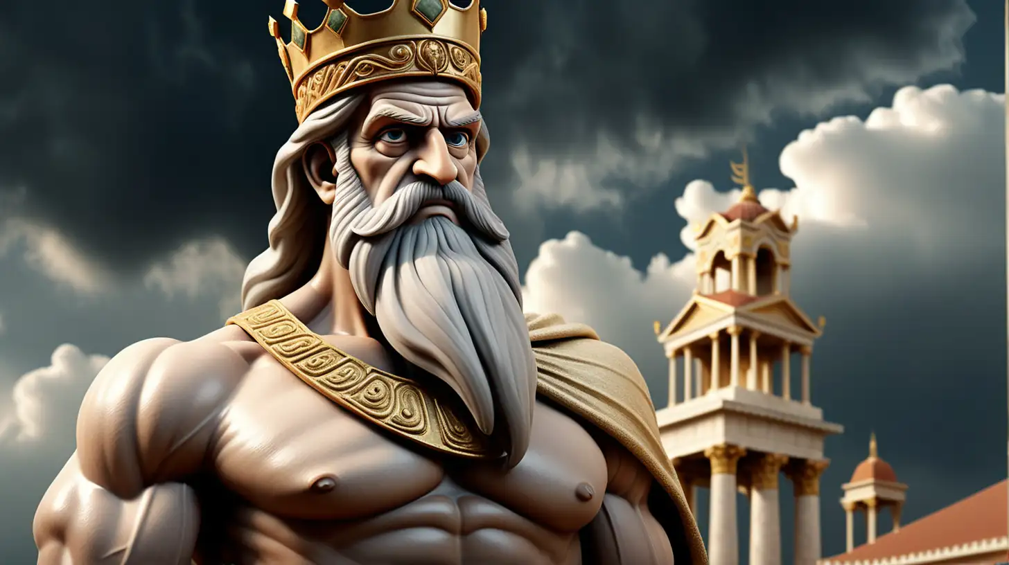 "Generate a compelling image depicting an elderly Greek king, adorned with a long beard and muscular physique, standing proudly outside a grand palace. Envelop the scene in a dark, blurry cloud background, creating an atmosphere of regality and mystery. Convey the historical grandeur and strength associated with ancient Greek kingship in this captivating visual representation."
