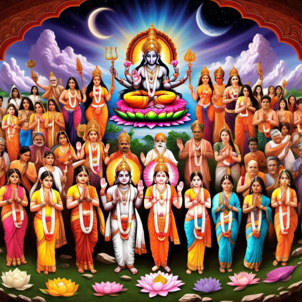  A panoramic view of a diverse group of people worshipping:

Include individuals from different walks of life, ages, and ethnicities, showcasing the universality of Hindu worship.
Depict them worshipping various deities in different ways, some praying, some chanting, some offering flowers, some meditating.
Emphasize the sense of unity and connection despite the diversity, highlighting the oneness of all creation in the embrace of Brahman.
