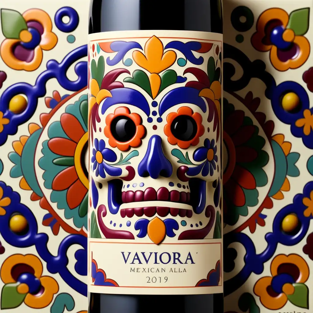 A wine label with a mexican talavera design style