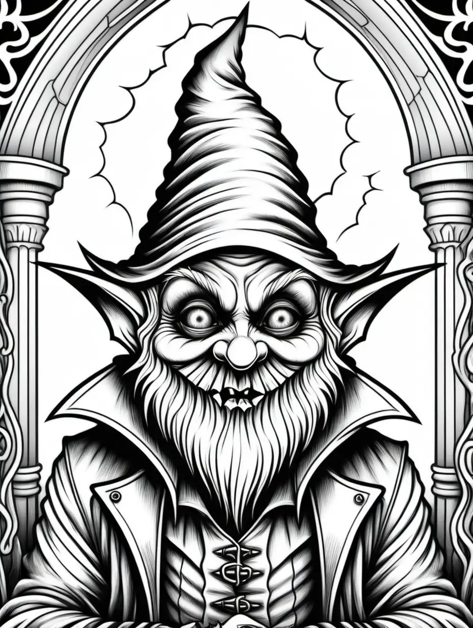 adult coloring page, creepy vampire gnome, thick lines, low detail, no shading