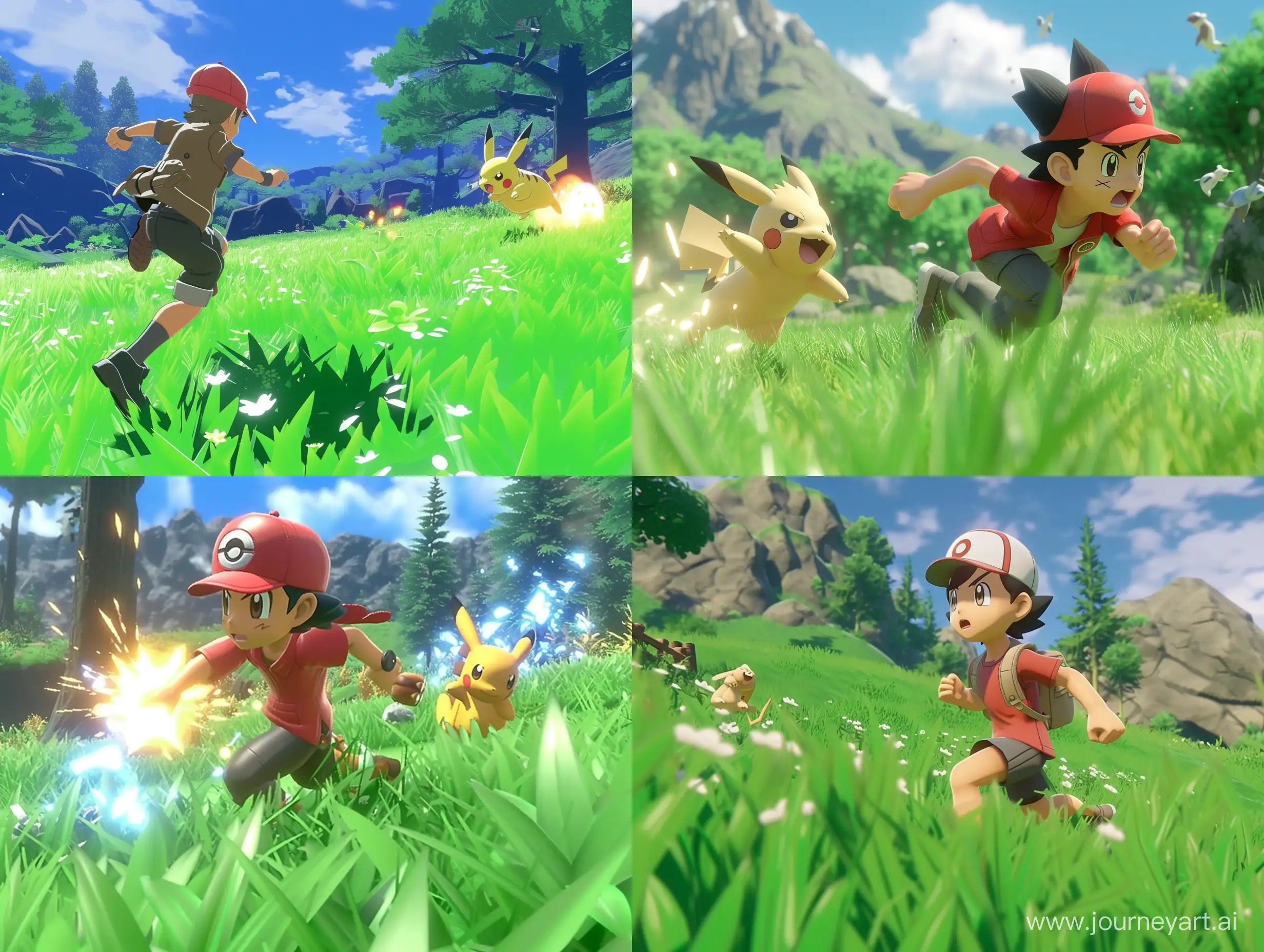 Game screenshot of a Pokemon nintendo switch game, character running in grass, pokemon fighting, 3d animated, nintendo style