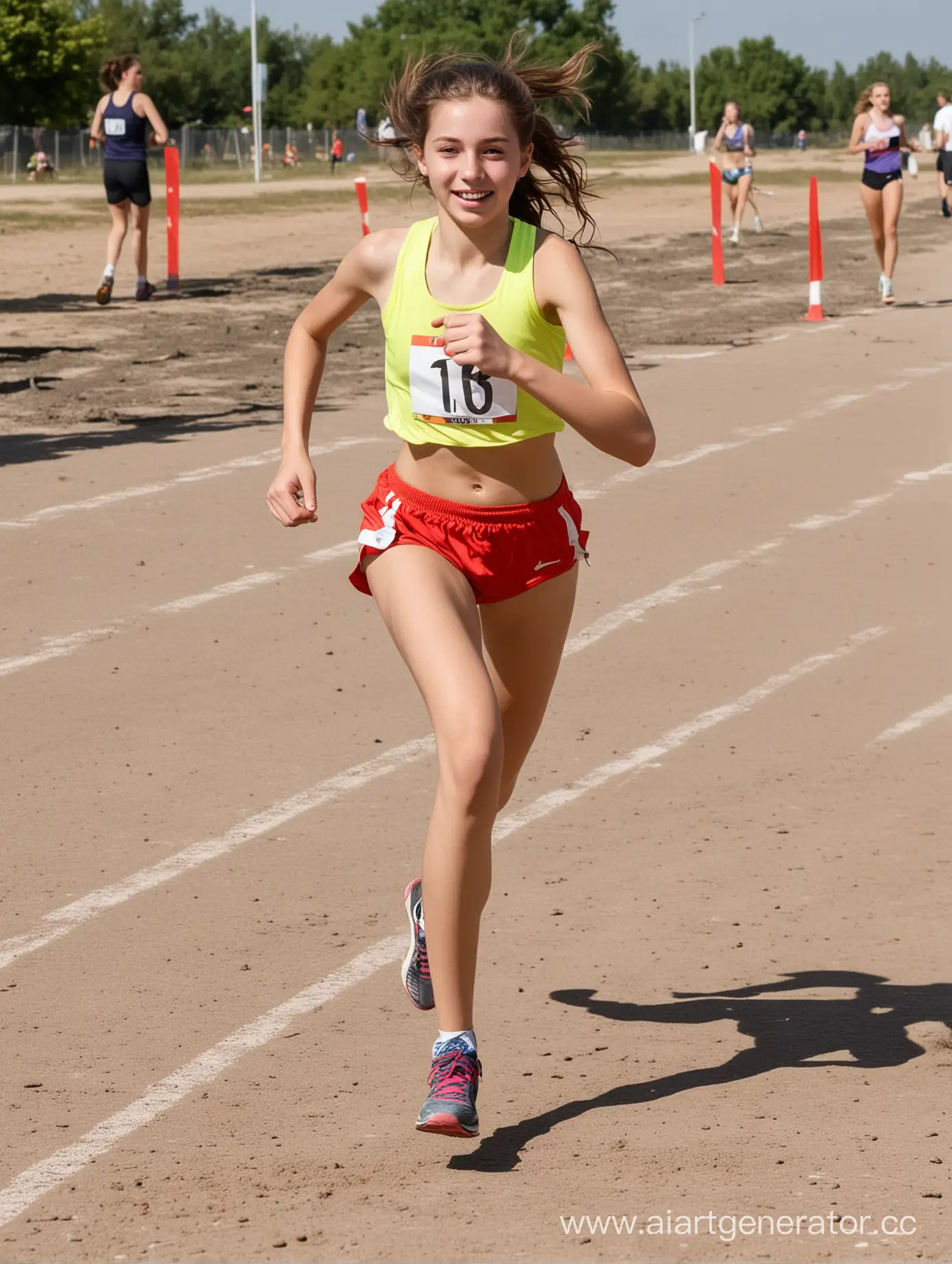 молодая девушка, лет 16, побеждает в соревнованиях по бегу
