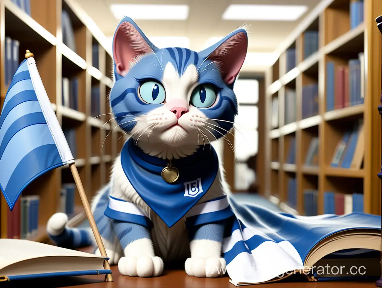 Кот, библиотекарь, с флагом голубого цвета с белой полосой посередине, в библиотеке
