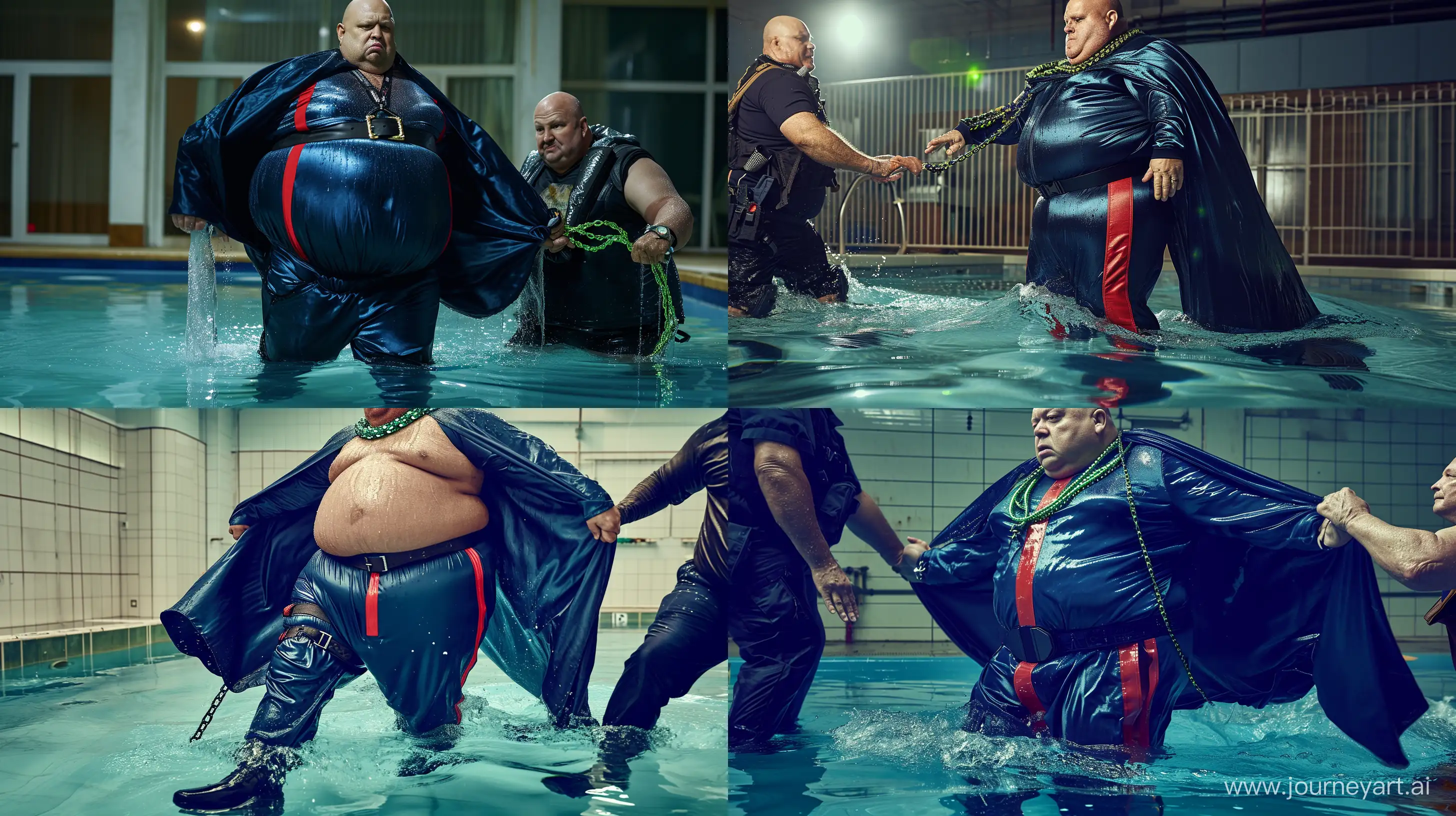 Portrait photo of a chubby man aged 70 wearing a wet silky navy tracksuit. Red vertical stripe on the side of the pants. He has a black tactical belt. He has a heavy big and long navy blue silky cape. Black Hiking Boots. He has a brightly glowing heavy green chain necklace around his neck. He looks weak. He is being pushed in a swimming pool by another chubby man. Bald. Clean Shaven. --style raw --ar 16:9 --v 6