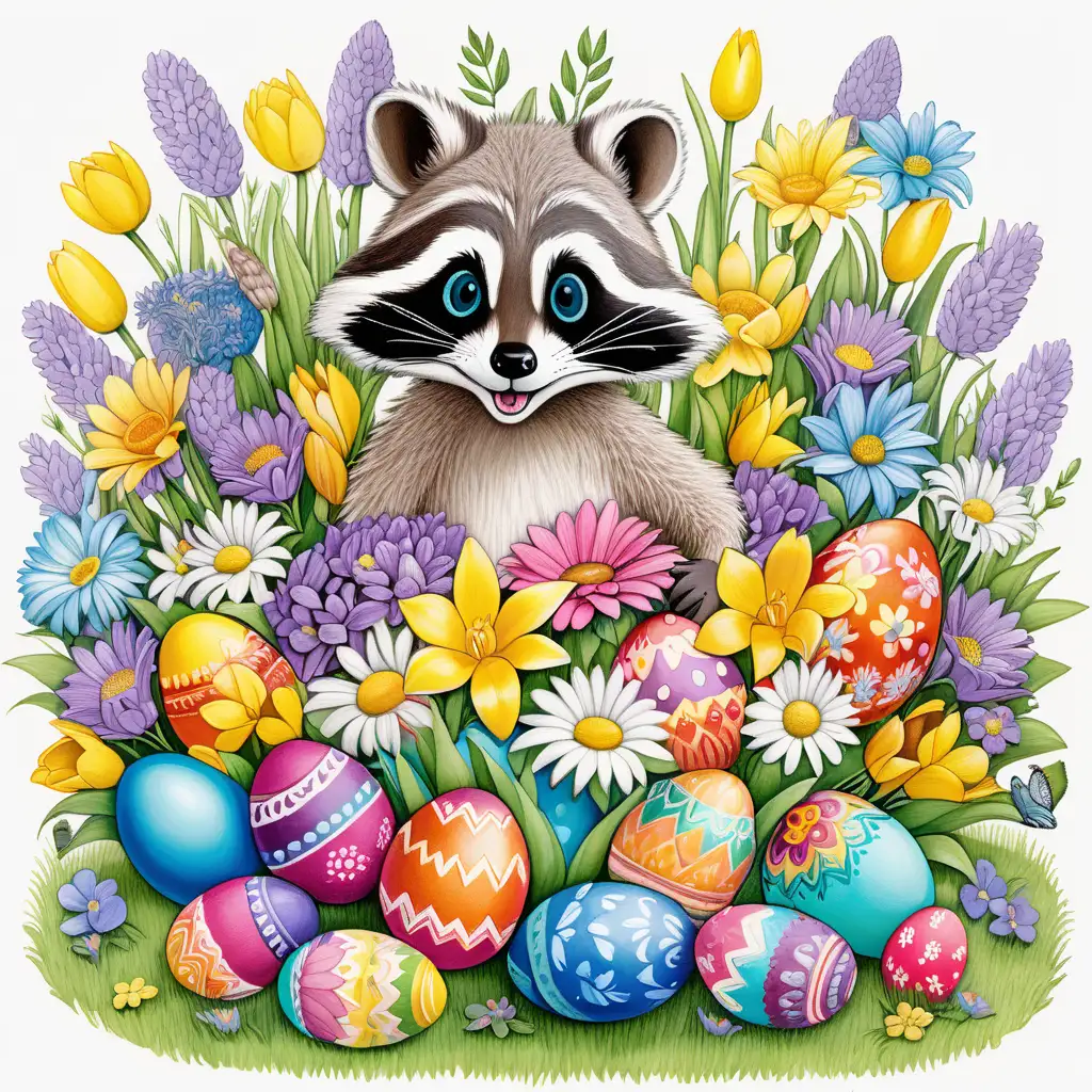 Elaborate Colored page Illustrate a bouquet made entirely of Easter eggs, surrounded by a garden bursting with spring flowers and a big funny smiling racoon în the middle