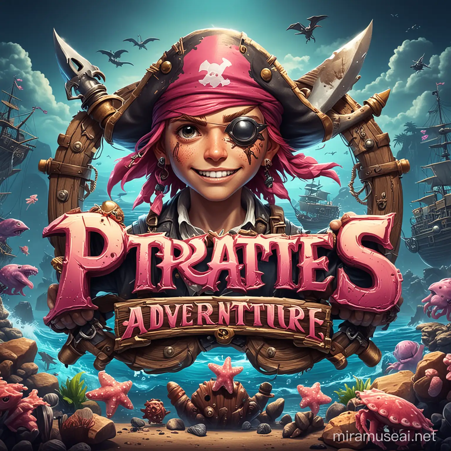 create a logo about a 2d game that you play as a boy pirate and kill some crabs humanoid shark and pink starfish rolling your goal is to kill them all to go to the next level
the games name is Pirate's Adventure

