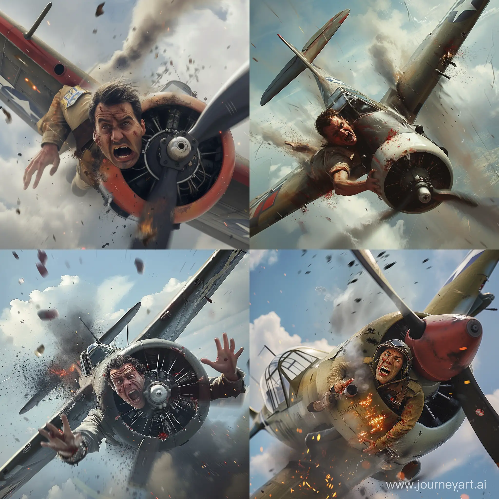 A World War II pilot falls from the sky with his plane, terrified, with realistic facial expressions and precise details, such that one of the plane’s wings is broken and smoke comes out of the plane’s engine in a realistic, dynamic cinematic scene 