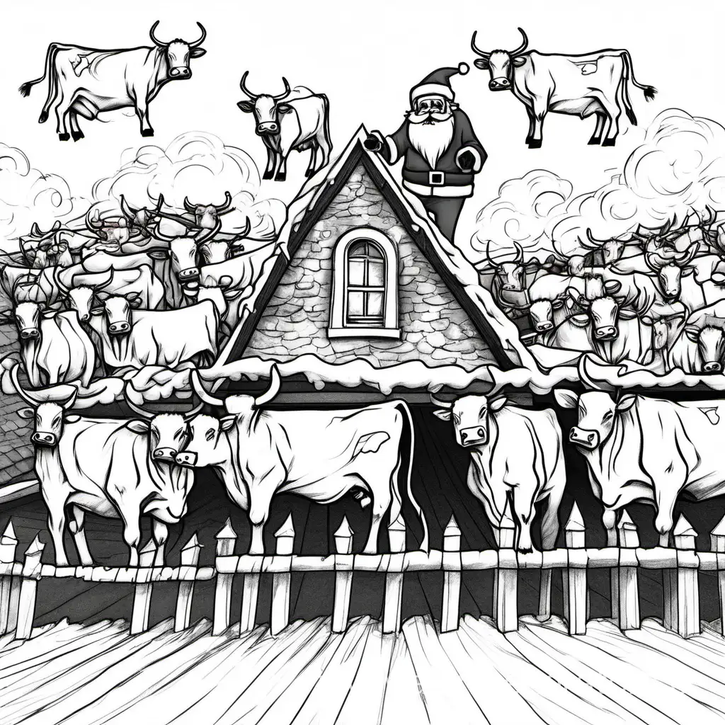 Нарисуй злого деда мороза на крыше с коровами, в место оленей.