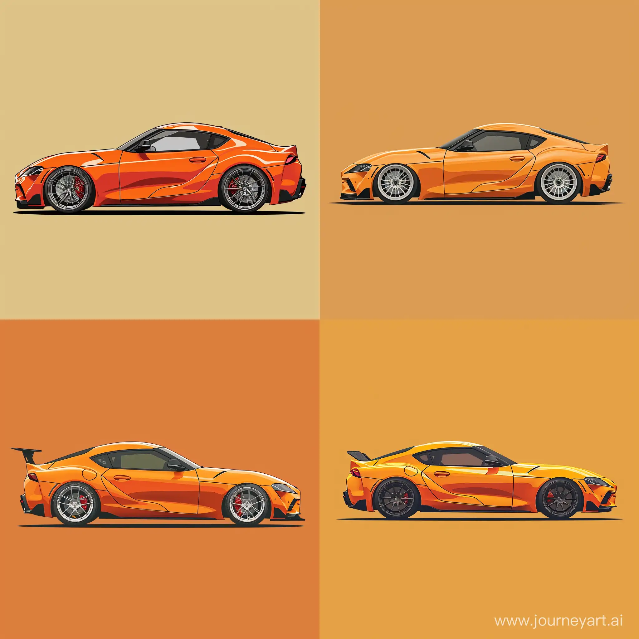 Minimal 2d Illustration Style, Toyota Supra MK4 on Simple Background, Orange Color Palette, Side View, High Precision