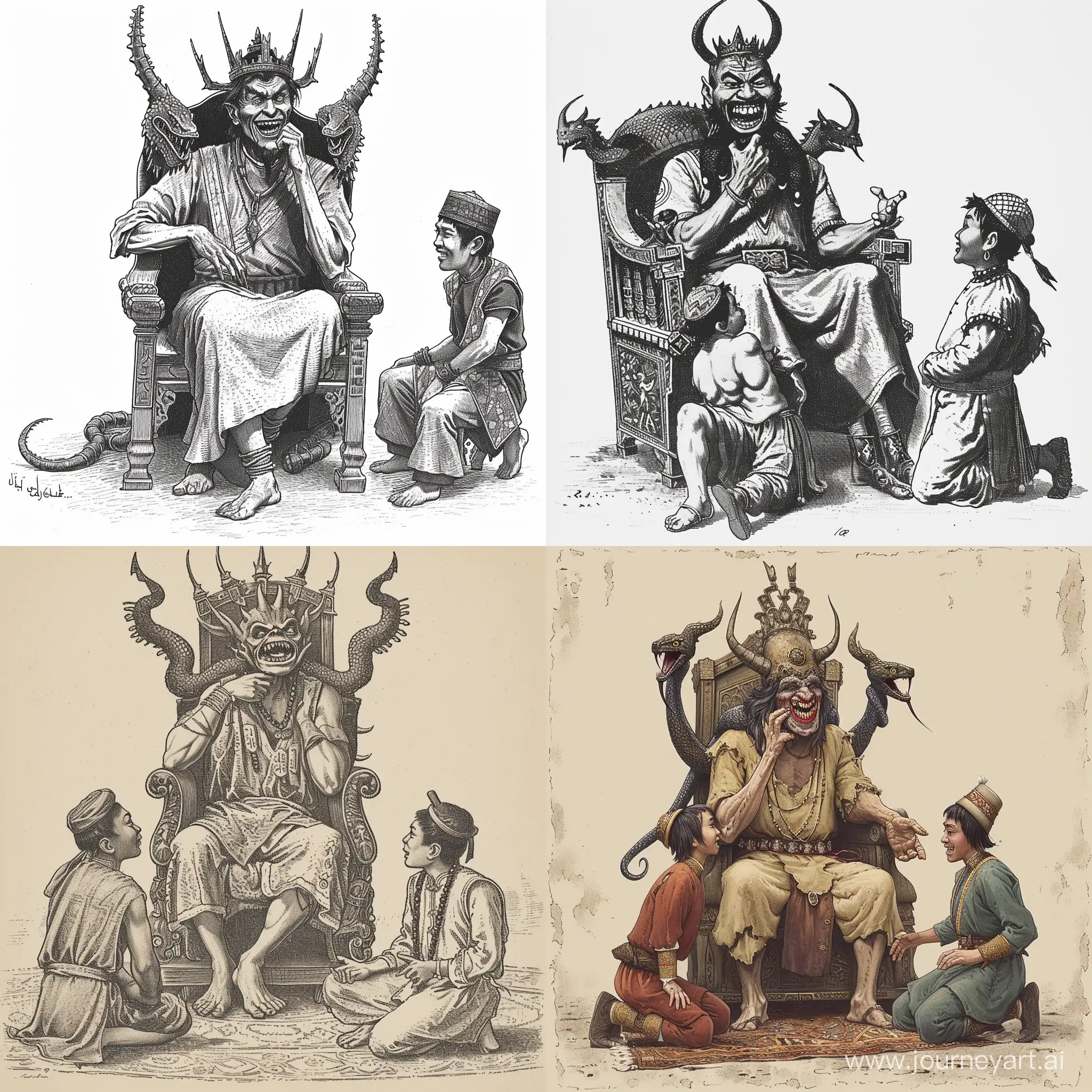 An ancient evil king with a serpent's head protruding from each shoulder sits on a king's throne with a two-horned crown and a hand under his chin, laughing menacingly, talking to his two sons who kneel in front of his seat.  One of his sons kneeling on the right side is wearing Arabic clothes and the other son is wearing Mongolian clothes