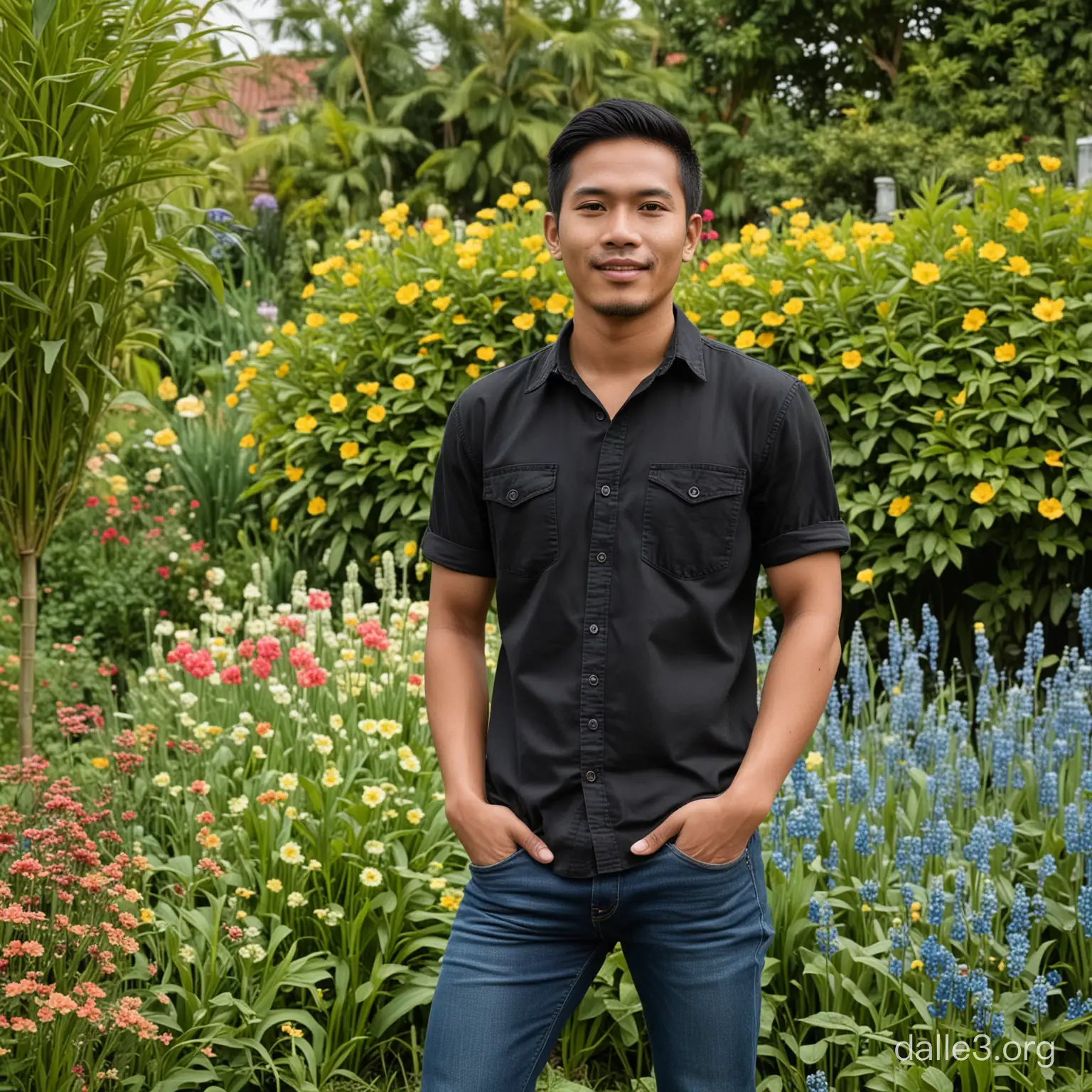 Photo of an Indonesian man. Age 25 years. Wearing a black shirt and blue jeans. standing in a green garden, full of flowers