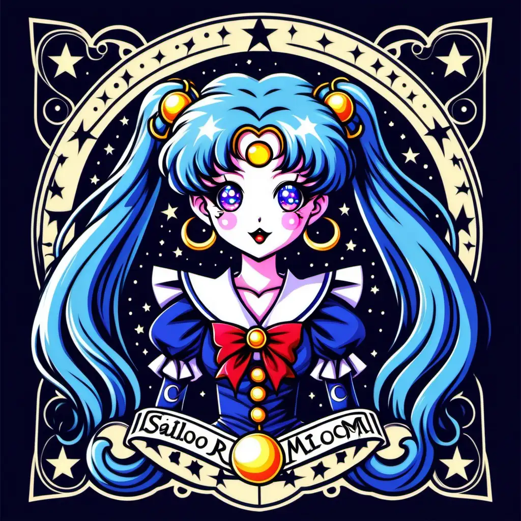 gothic sailor moon vector illustration in the style of Kuromi, sanrio, vintage tarot card, blue hair