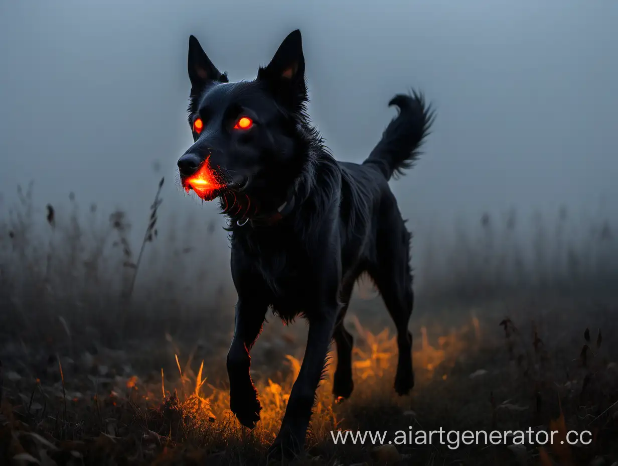 Силуэт черной собаки со светящимися глазами бегущей на горизонте по ночному полю, осень, туман, темнота