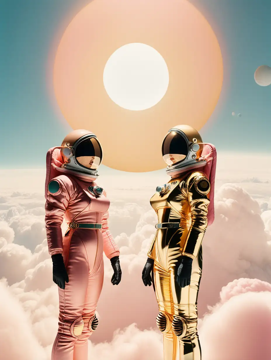 side view close-up of two chinese women wearing haute couture space suits facing each other and flying in front of the sun with jasmine and clouds, gold and pink, cinematic, wes anderson color palette, 35 mm
